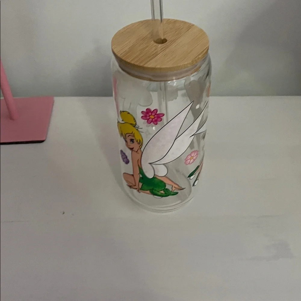 Tinkerbell Glass Can with glass straw